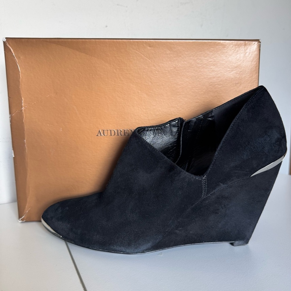 Audrey Brooke Black Suede Silver Tip Wedge Ankle Booties